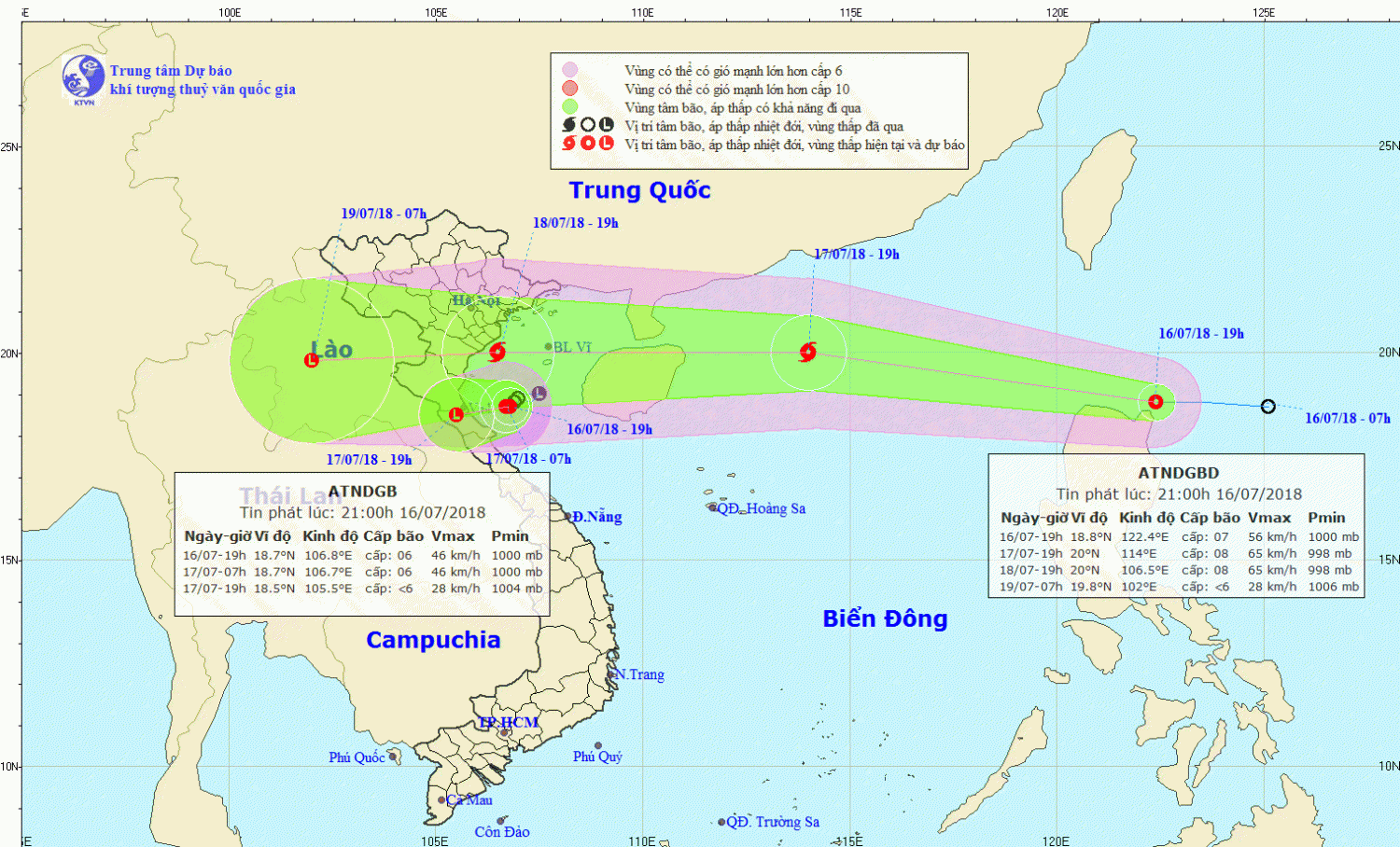Tin áp thấp nhiệt đới gần bờ và áp thấp nhiệt đới gần Biển Đông (21h00 ngày 16/7)