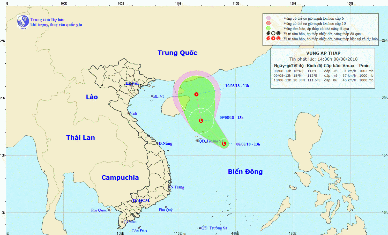 Tin về vùng áp thấp trên Biển Đông (14h30 ngày 08/8)