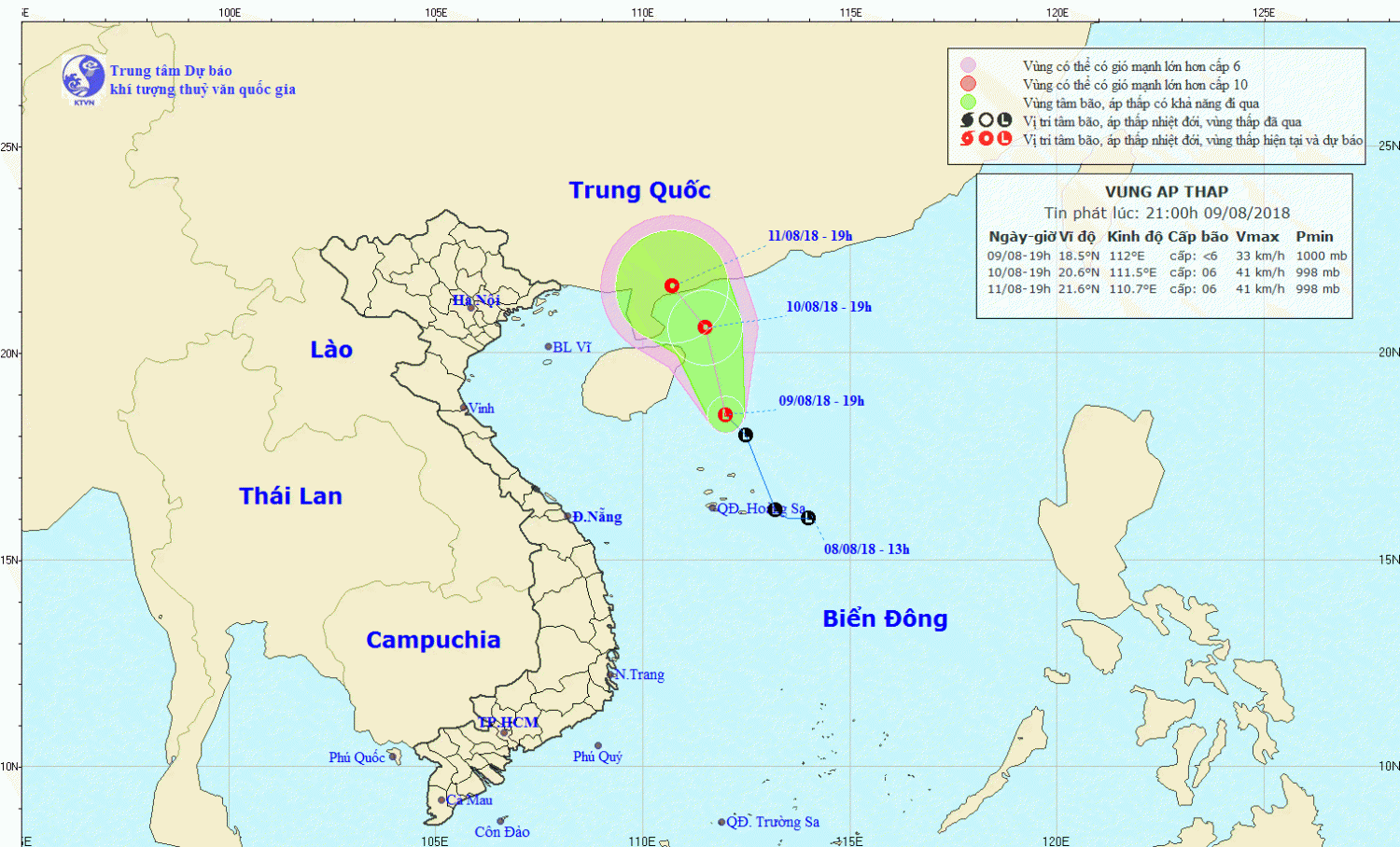 Tin về vùng áp thấp trên Biển Đông (21h00 ngày 09/8)