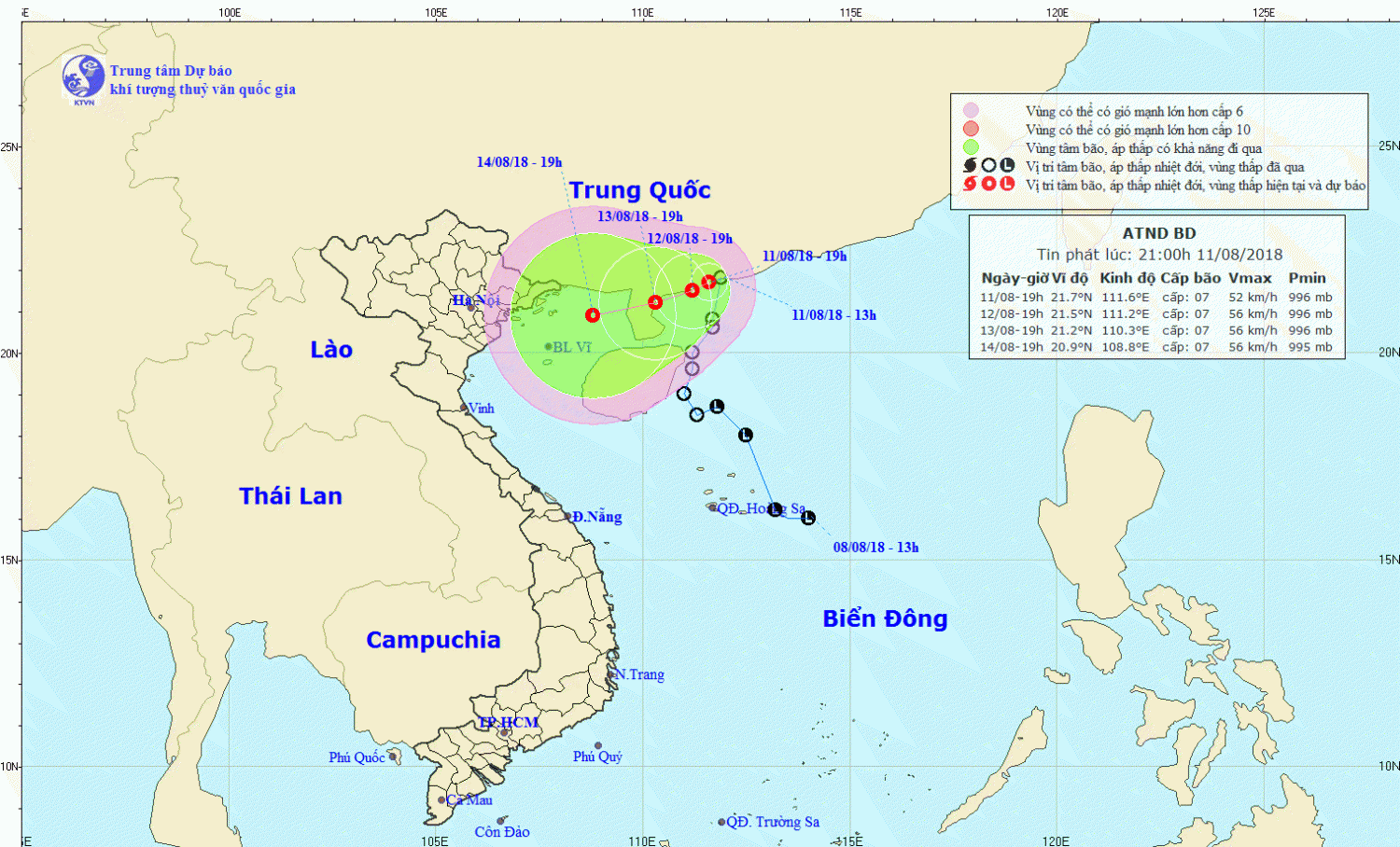 Tin áp thấp nhiệt đới trên Biển Đông (21h00 ngày 11/8)
