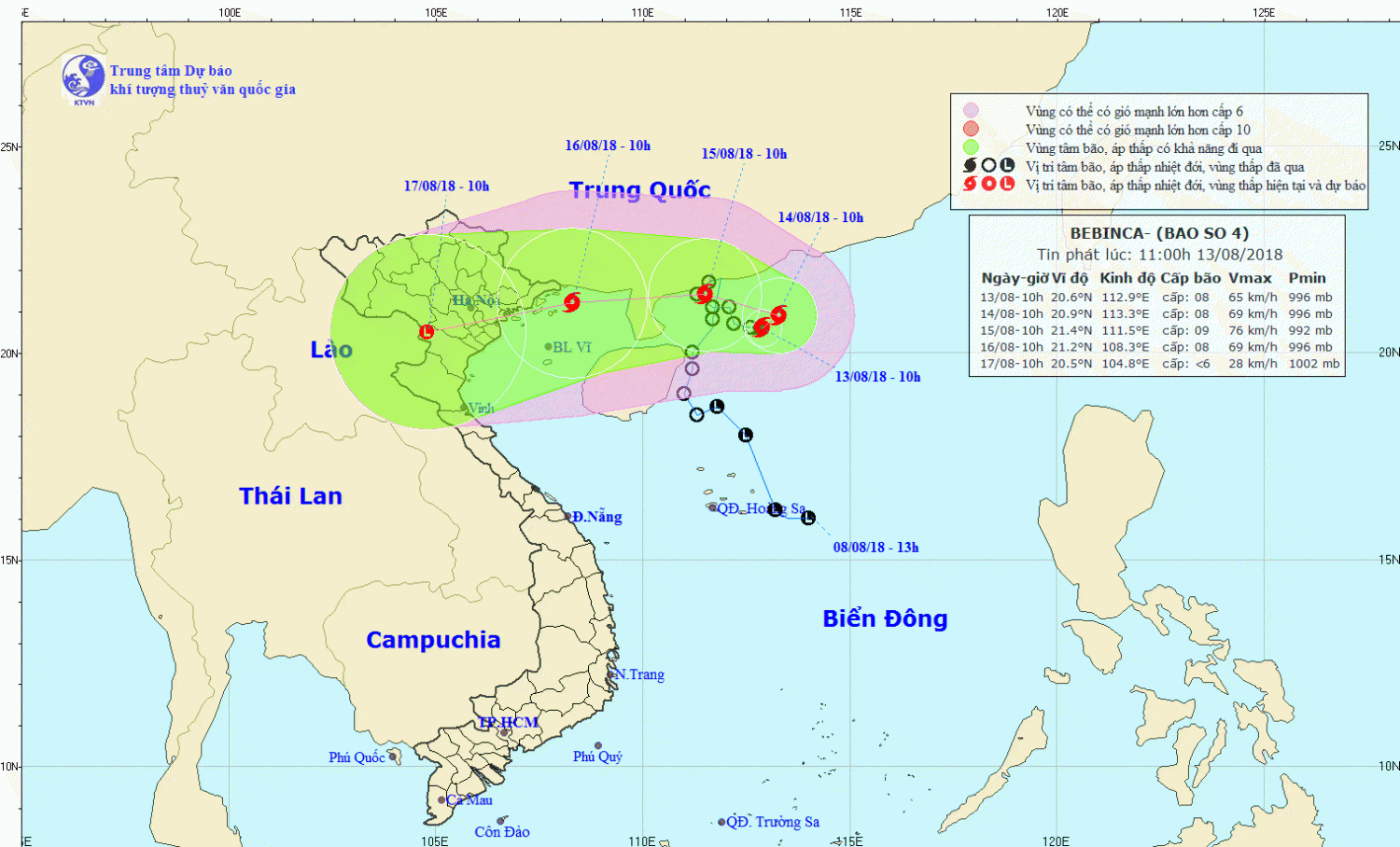 Tin bão trên Biển Đông - cơn bão số 04 (11h00 ngày 13/8)