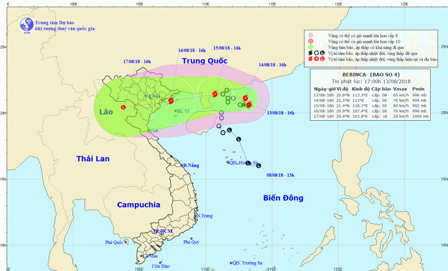 Tin bão trên Biển Đông - cơn bão số 04 (17h00 ngày 13/8)