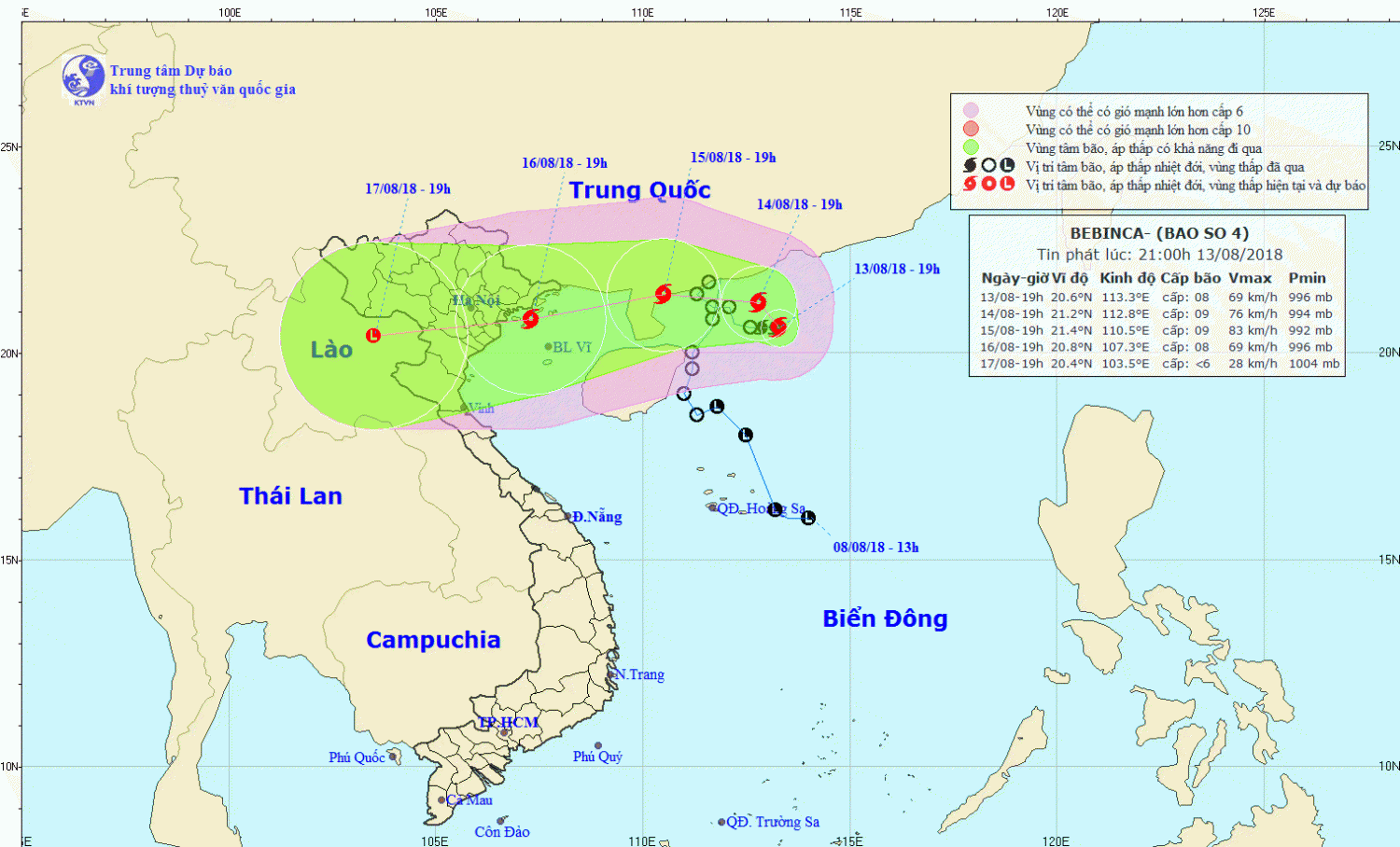 Tin bão trên Biển Đông - cơn bão số 04 (21h00 ngày 13/8)