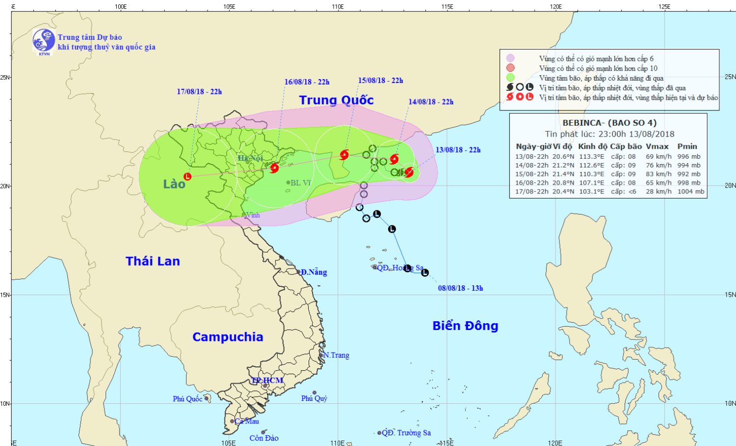 Tin bão trên Biển Đông - cơn bão số 04 (23h00 ngày 13/8)