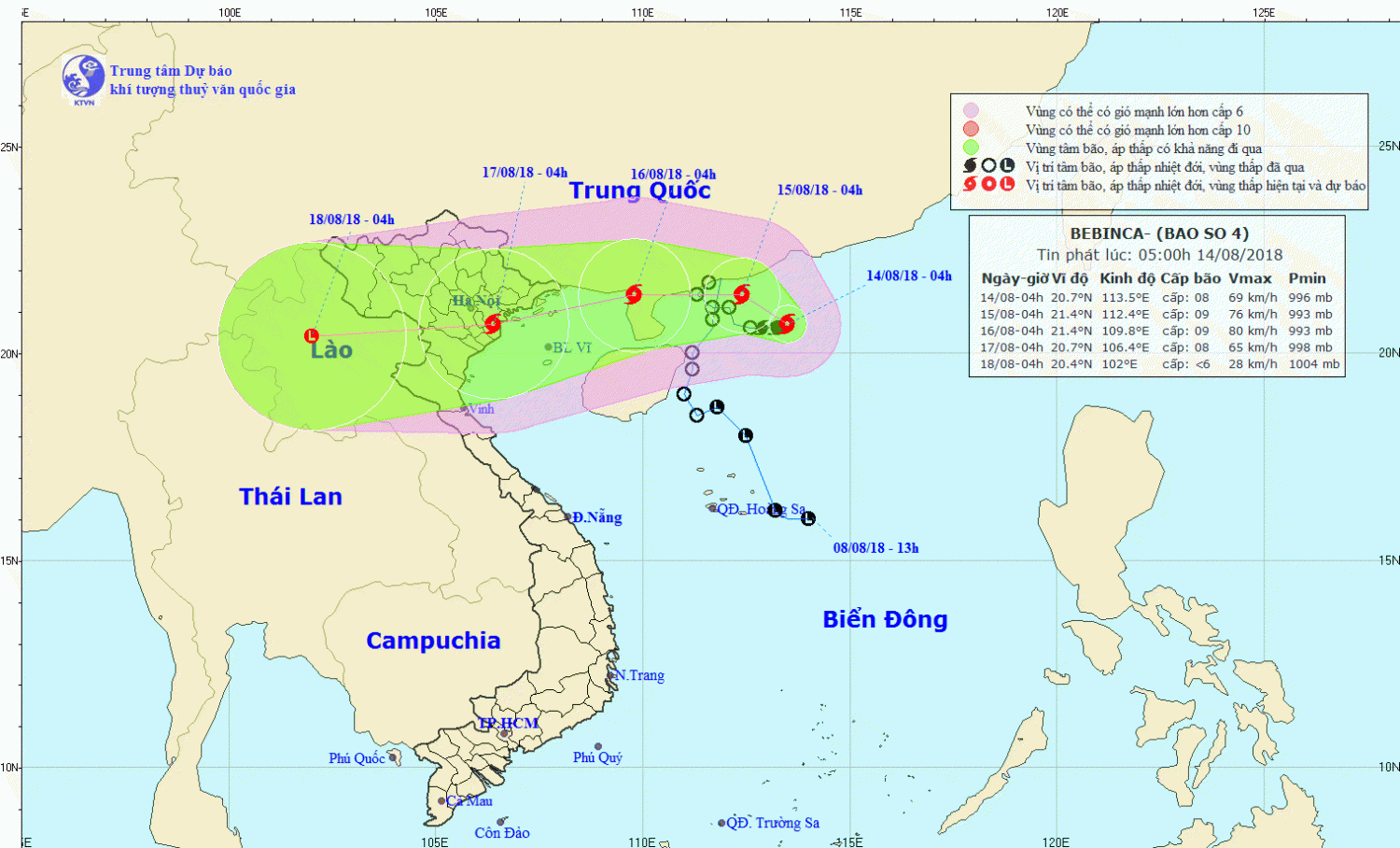 Tin bão trên Biển Đông - cơn bão số 04 (05h00 ngày 14/8)