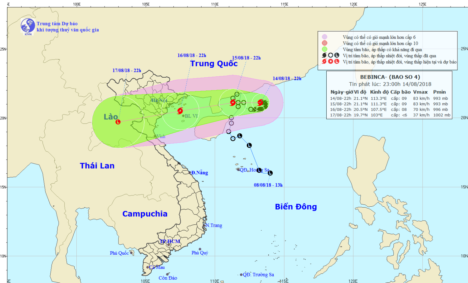 Tin bão trên Biển Đông - cơn bão số 04 (23h00 ngày 14/8)