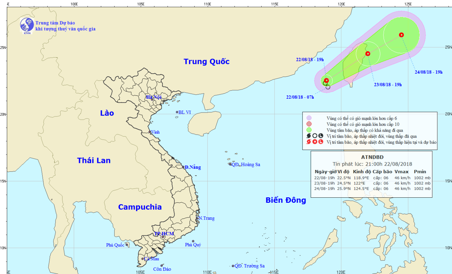 Tin áp thấp nhiệt đới trên khu vực Đông Bắc Biển Đông (21h00 ngày 22/8)