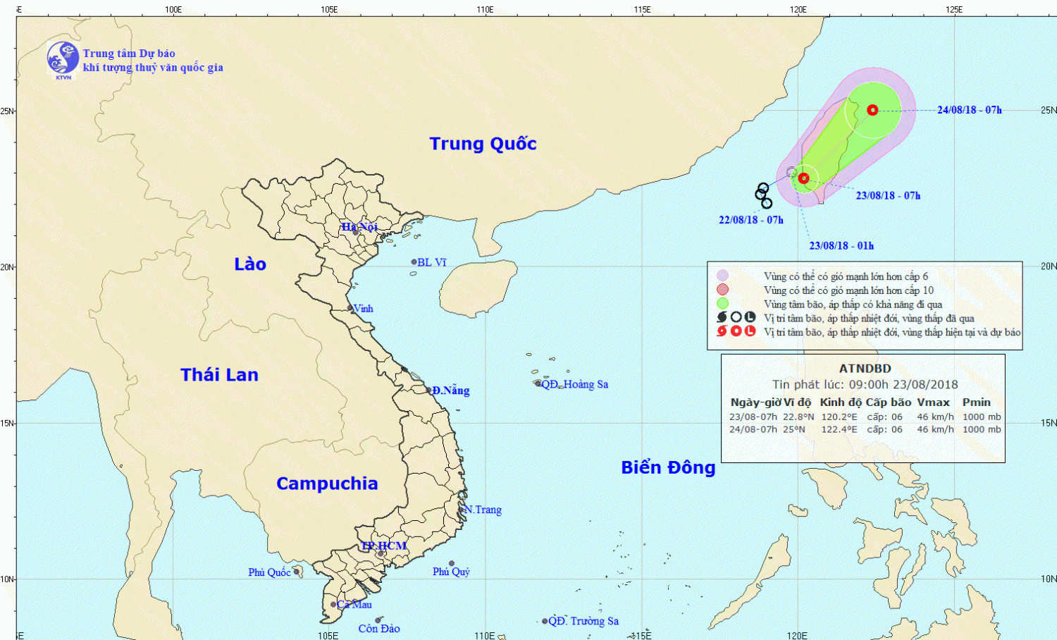Tin về áp thấp nhiệt đới trên khu vực Đông Bắc Biển Đông (09h00 ngày 23/8)