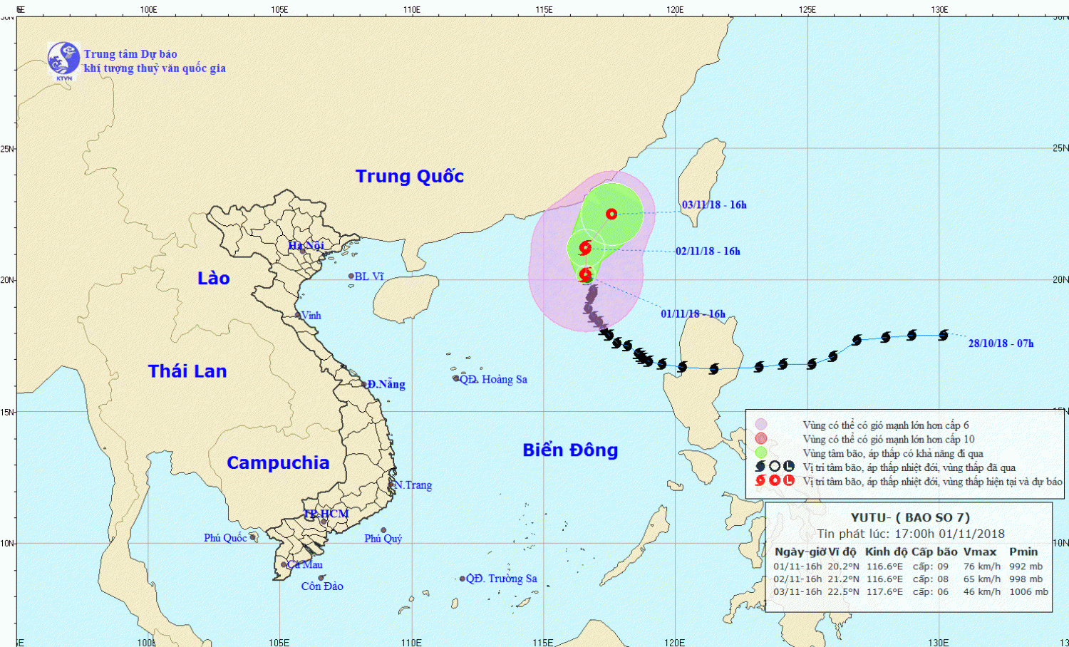 Tin bão trên Biển Đông - cơn bão số 7 (17h00 ngày 01/11)