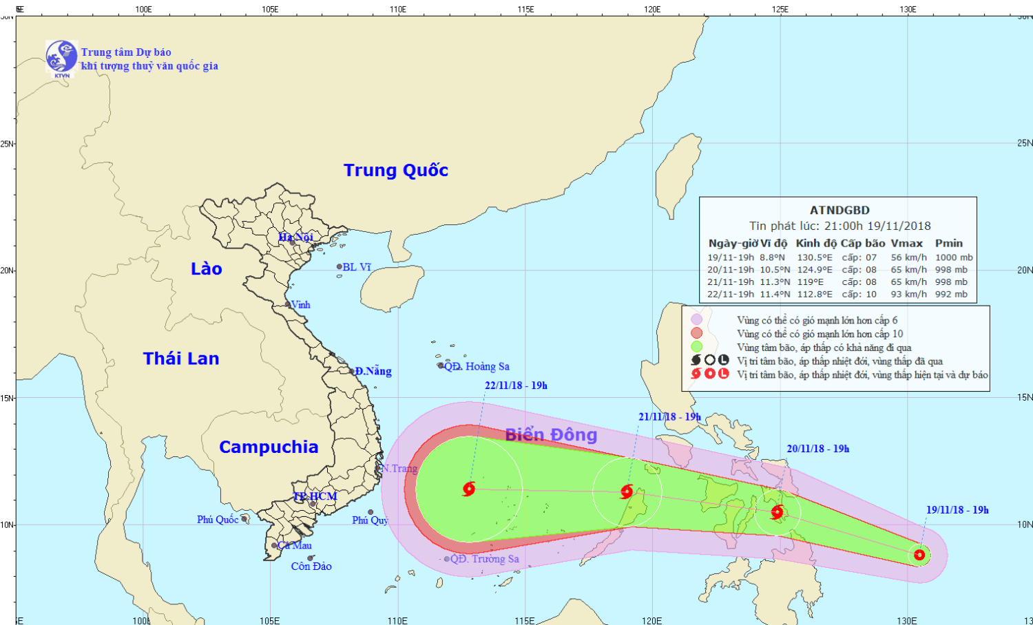 Tin áp thấp nhiệt đới gần Biển Đông (21h00 ngày 19/11)