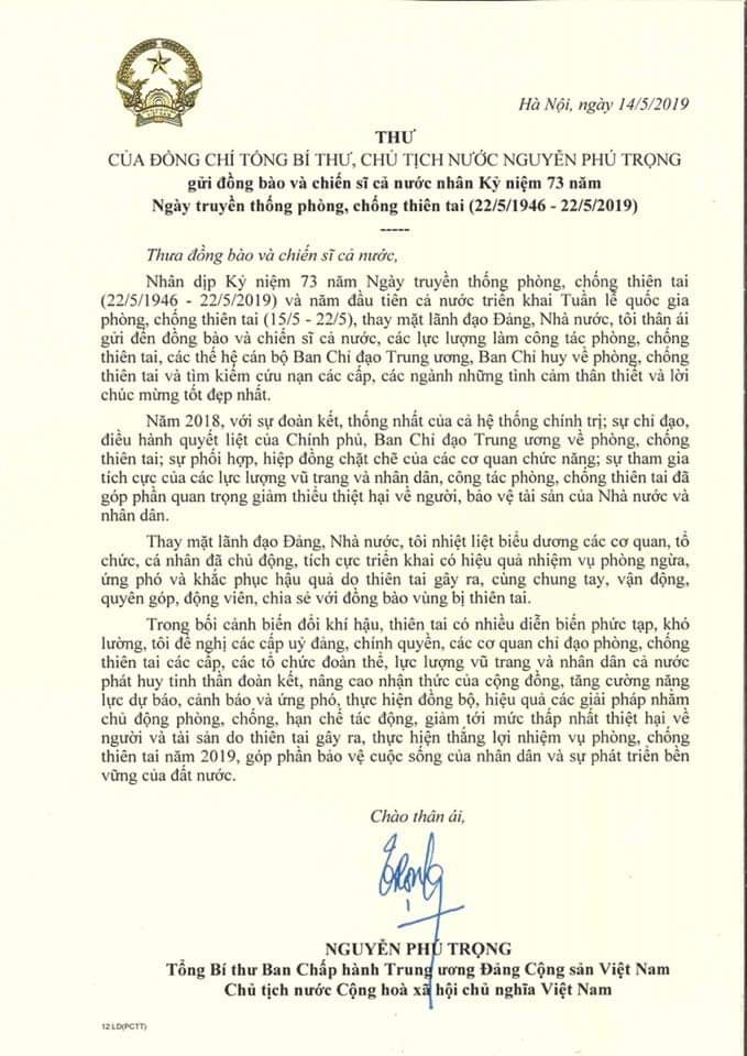 Thư của Tổng Bí thư, Chủ tịch nước nhân Ngày truyền thống phòng, chống thiên tai (22/5/1946 - 22/5/2019)