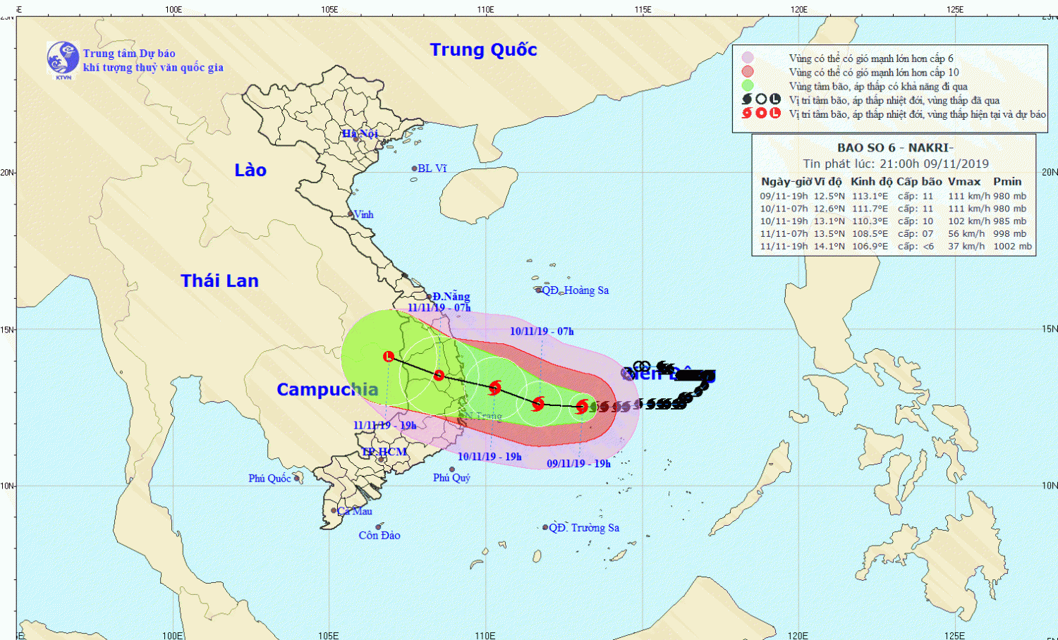 Tin bão khẩn cấp - cơn bão số 06 (21h00 ngày 09/11)