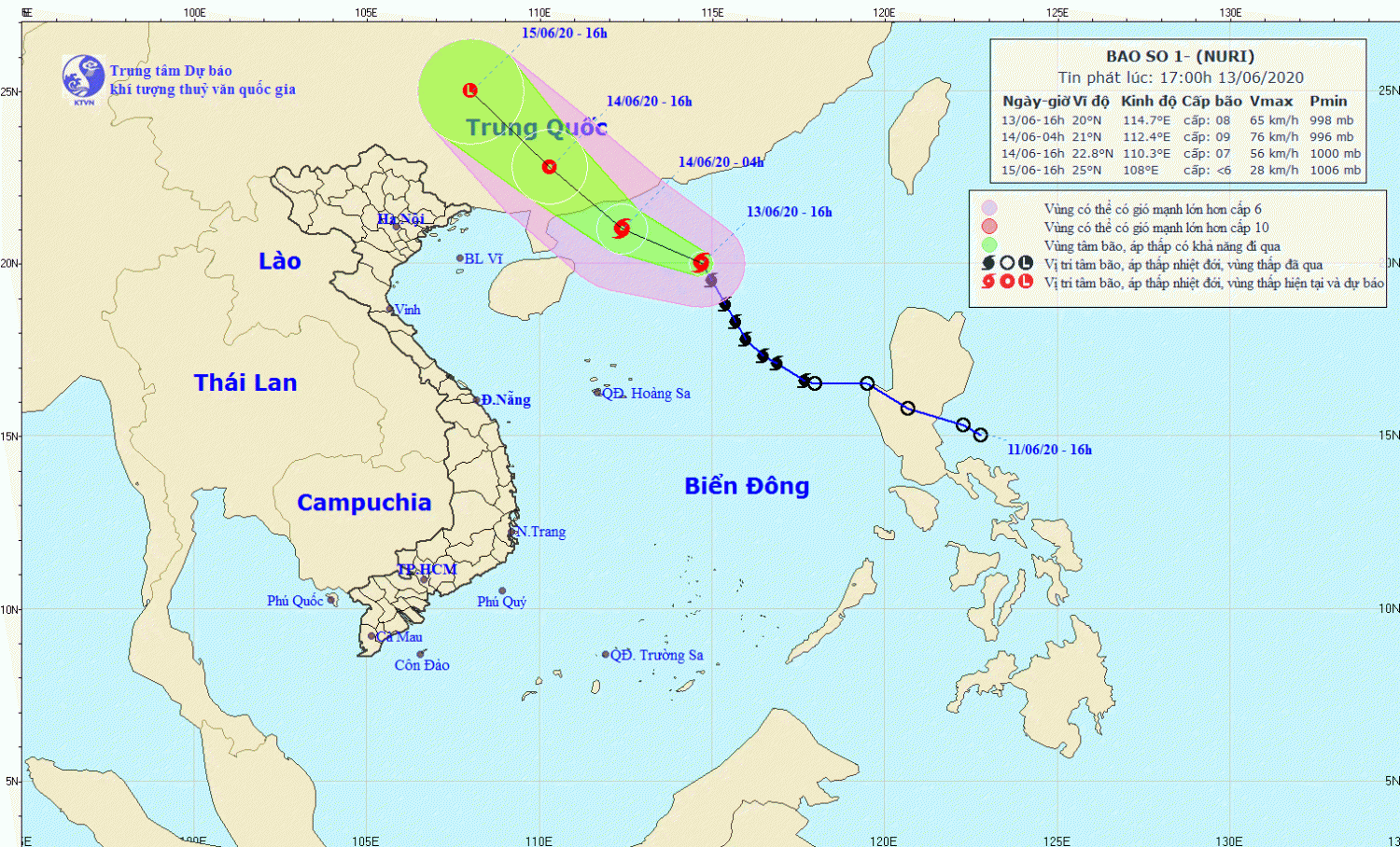 Tin bão trên Biển Đông - cơn bão số 01 (17h00 ngày 13/6)