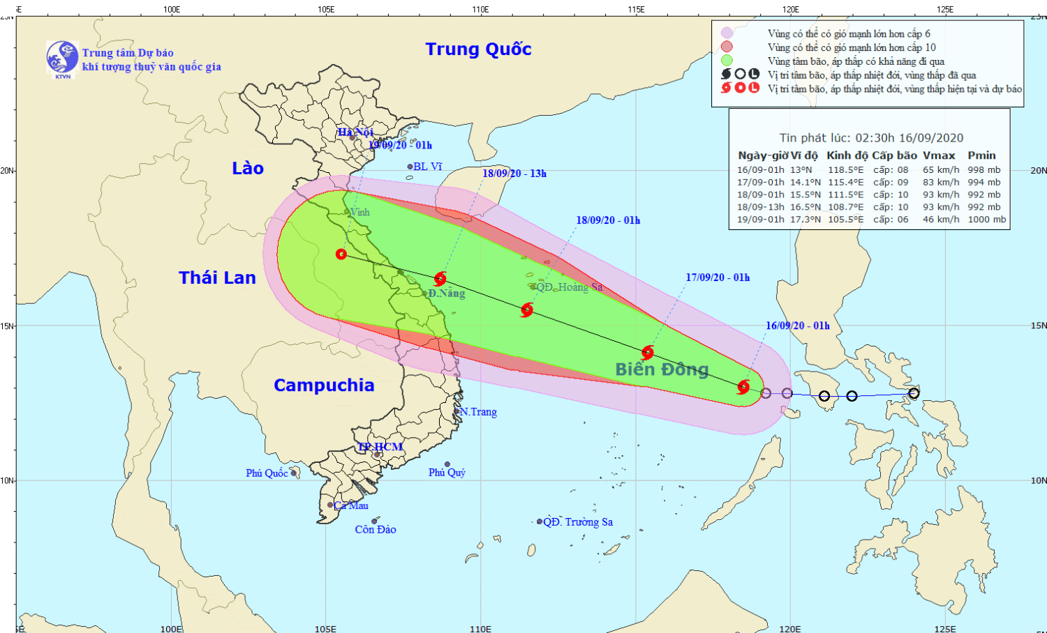Tin bão trên Biển Đông - cơn bão số 05 năm 2020 (02h30 ngày 16/9)